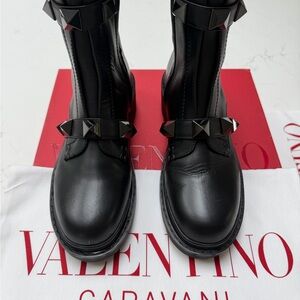 Valentino Black Leather Rockstud Strap Ankle Boots